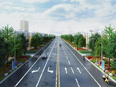 Aerial View Planning of Urban Road With Lined Trees Green Belts and Moving Vehicles 3d model