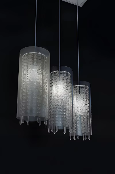 Modern Glass Cylindrical Pendant Chandeliers With Circular Patterns And Illuminated Light Design 3d model