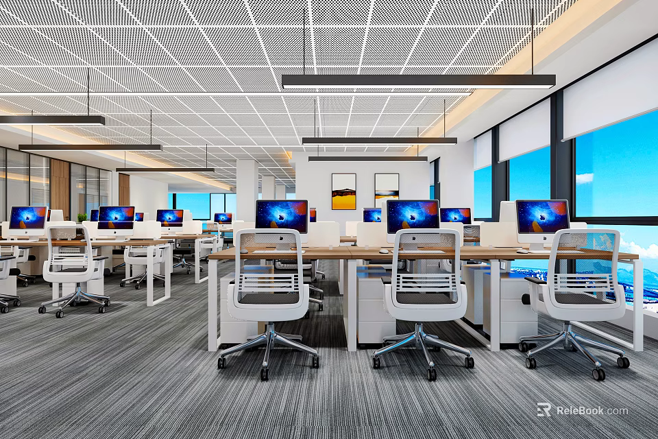Modern Public Office Space With Multiple Workstations Computer Monitors Ergonomic Chairs Large Windows Gray Carpet 3d model