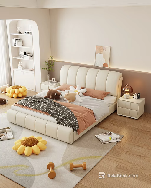 Cozy Modern Double Bed with Beige Leather Headboard Pink Pillows Stuffed Animals and Nightstand Lamp 3d model 