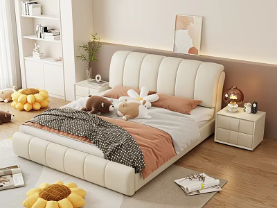 Cozy Modern Double Bed with Beige Leather Headboard Pink Pillows Stuffed Animals and Nightstand Lamp 3d model