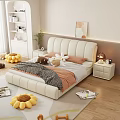 Cozy Modern Double Bed with Beige Leather Headboard Pink Pillows Stuffed Animals and Nightstand Lamp