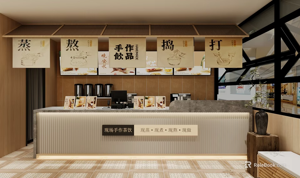 Artisan Milk Tea Shop With Handmade Drinks Counter And Modern Interior Design 3d model 