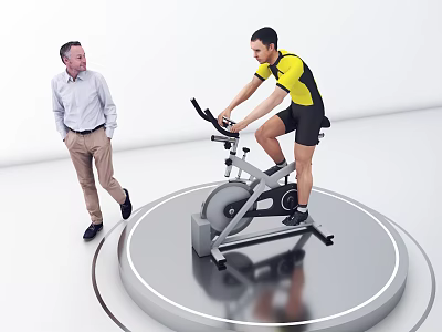 Cyclist On Stationary Bike Riding On Circular Platform With Observer Nearby 3d model