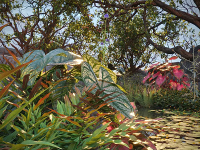 Tall Trees Surrounded by Lush Greenery Large Leaves Red Foliage and Water Reflections 3d model