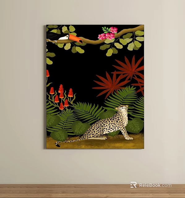 Vibrant Oil Painting Featuring Cheetah Tropical Plants Green Leaves Flowers And Bird 3d model 