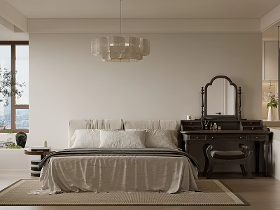 Modern Bedroom Interior With Light Colored Bedding Pendant Light And Dressing Table 3d model