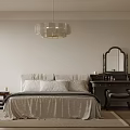 Modern Bedroom Interior With Light Colored Bedding Pendant Light And Dressing Table