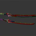 Two Red Decorative Samurai Swords With Reflective Blades On Grey Background