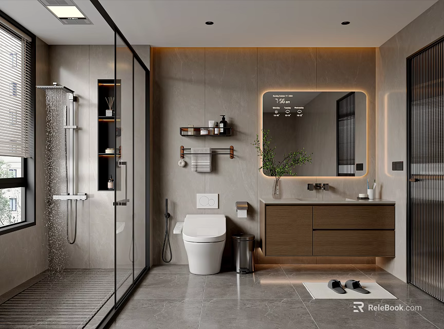 Modern Bathroom Interior With Glass Shower Toilet Wooden Vanity Mirror Stone Walls And Lighting 3d model 