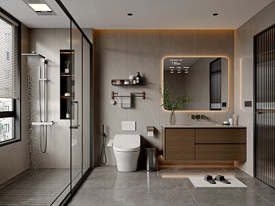 Modern Bathroom Interior With Glass Shower Toilet Wooden Vanity Mirror Stone Walls And Lighting 3d model