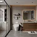Modern Bathroom Interior With Glass Shower Toilet Wooden Vanity Mirror Stone Walls And Lighting