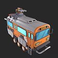 Cartoon Style Orange School Bus With Tracks And Mechanical Top Device