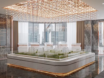 Luxurious Sales Office Interior Featuring Glass Showcase Model Crystal Chandelier And Urban Skyline View 3d model
