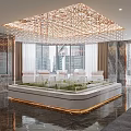 Luxurious Sales Office Interior Featuring Glass Showcase Model Crystal Chandelier And Urban Skyline View
