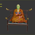 Game Movie Monk Character In Yellow Robe Sitting On Wooden Chair With Prayer Beads
