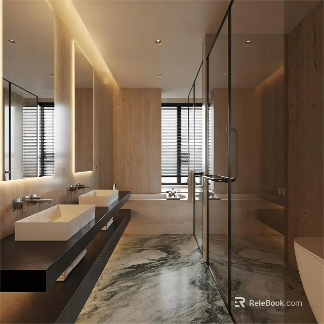 Modern Bathroom Interior With Wooden Walls Marble Floor Double Sinks And Bathtub 3d model 