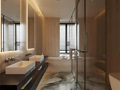Modern Bathroom Interior With Wooden Walls Marble Floor Double Sinks And Bathtub 3d model