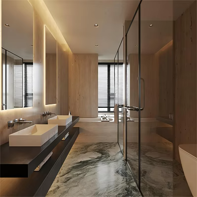 Modern Bathroom Interior With Wooden Walls Marble Floor Double Sinks And Bathtub 3d model