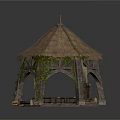 Rustic Wooden Gazebo With Thatched Roof Vines And Wooden Tables Chairs