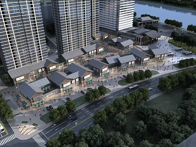Modern Commercial Street With Traditional Shops High Rise Buildings Waterfront And Lush Greenery 3d model