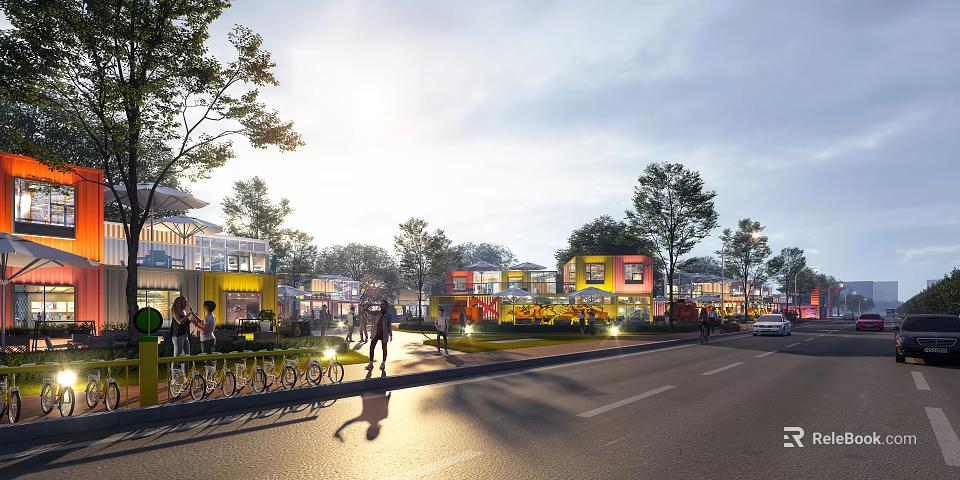 Vibrant Commercial Street With Colorful Buildings Sunlight Pedestrians Bicycles And Trees 3d model 