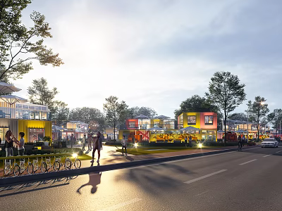 Vibrant Commercial Street With Colorful Buildings Sunlight Pedestrians Bicycles And Trees 3d model