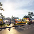 Vibrant Commercial Street With Colorful Buildings Sunlight Pedestrians Bicycles And Trees