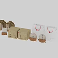 Minimalist Tea Supplies With Round Cakes Brown Boxes And Red Strings 3d model
