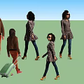 Woman in Brown Jacket Plaid Dress High Heels Pulling Green Luggage Walking from Different Angles