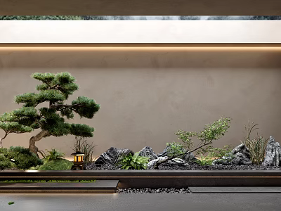 Decorative Garden Ornament with Pine Tree Stone Rocks Small Lantern and Greenery 3d model