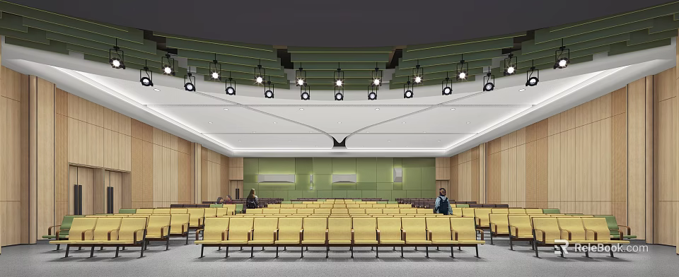 Spacious Conference Room Interior With Yellow Seats Hanging Lights Green Backdrop And Wooden Panel Walls 3d model 