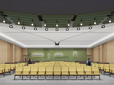 Spacious Conference Room Interior With Yellow Seats Hanging Lights Green Backdrop And Wooden Panel Walls 3d model