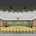 Spacious Conference Room Interior With Yellow Seats Hanging Lights Green Backdrop And Wooden Panel Walls