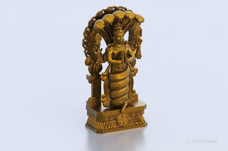 Exquisite Golden Traditional Deity Sculpture With Intricate Headdress Detailed Attire And Elaborate Base 3d model 