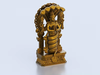 Exquisite Golden Traditional Deity Sculpture With Intricate Headdress Detailed Attire And Elaborate Base 3d model