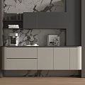 Modern Sideboard With Marble Backdrop Shelves Gray White Cabinets And Coffee Machine