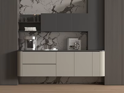 Modern Sideboard With Marble Backdrop Shelves Gray White Cabinets And Coffee Machine 3d model