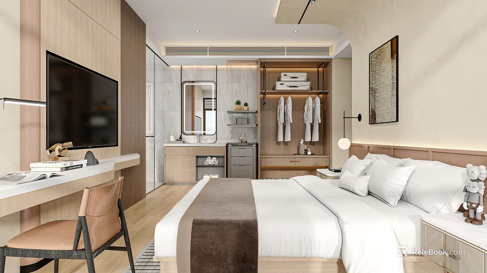 Modern Hotel Guest Room With King Bed Large TV Wooden Wardrobe And Vanity Mirror 3d model 
