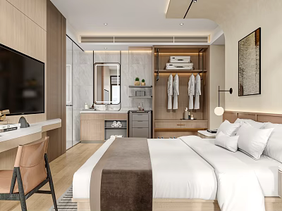 Modern Hotel Guest Room With King Bed Large TV Wooden Wardrobe And Vanity Mirror 3d model