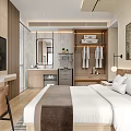 Modern Hotel Guest Room With King Bed Large TV Wooden Wardrobe And Vanity Mirror