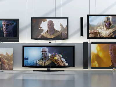 Multiple Televisions Displaying Thanos Movie Scenes In Modern Showroom Setting 3d model