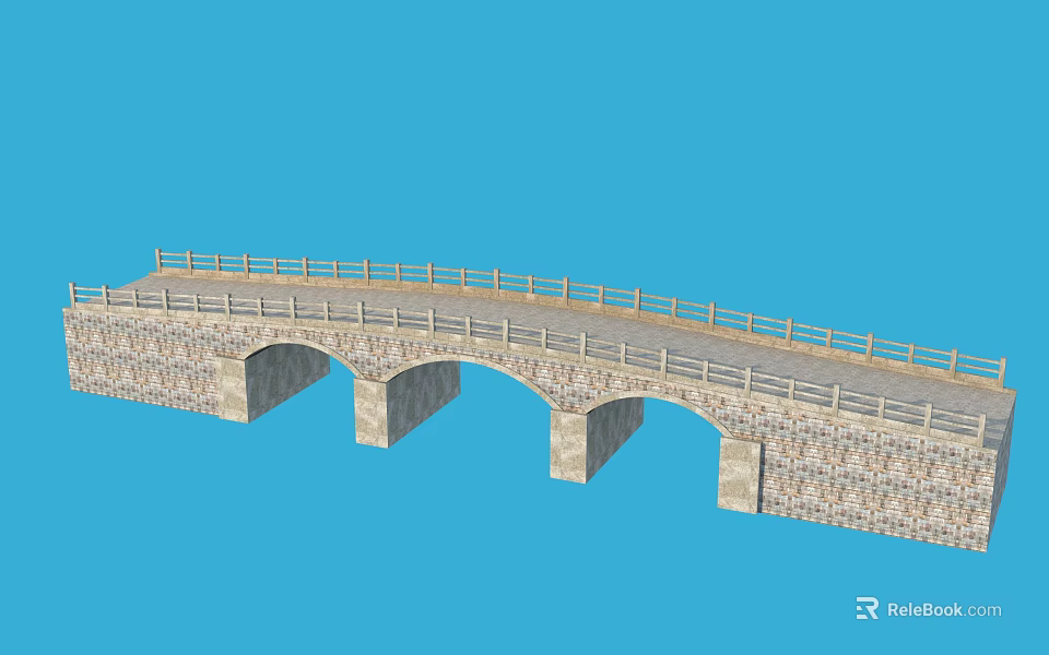 Traditional Stone Bridge With Arched Design and Wooden Railing Over Blue Background 3d model 