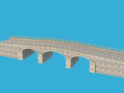 Traditional Stone Bridge With Arched Design and Wooden Railing Over Blue Background 3d model