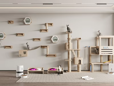 Stylish Cat Supplies With Wall Mounted Perches Cat Tree And Beds 3d model