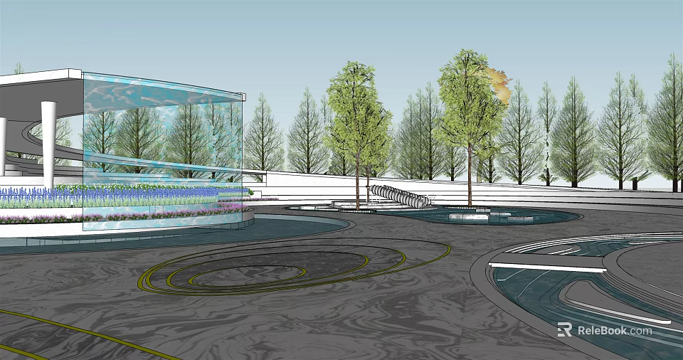 Modern Park Landscape With Green Trees Water Features And Circular Walkways 3d model 