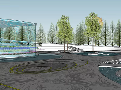 Modern Park Landscape With Green Trees Water Features And Circular Walkways 3d model
