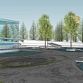 Modern Park Landscape With Green Trees Water Features And Circular Walkways