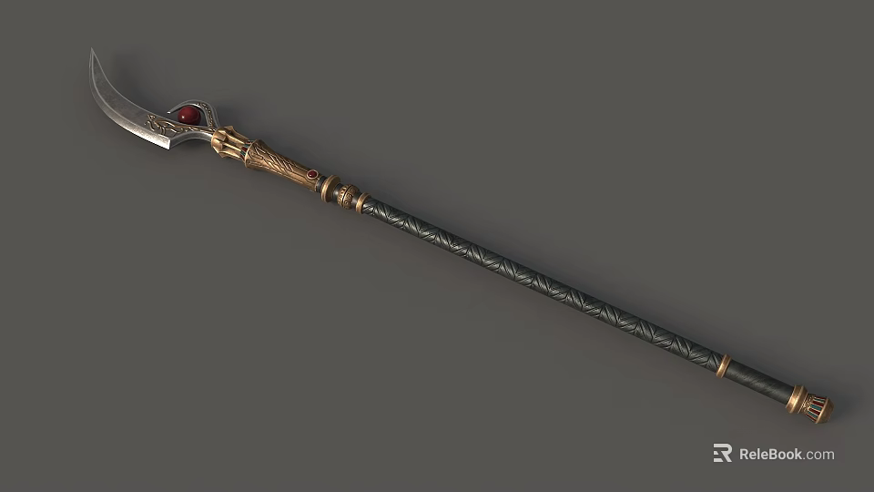 Ornate Curved Blade Weapon With Golden Decoration Red Gem And Black Textured Pole 3d model 