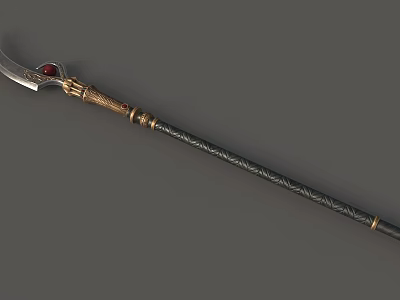 Ornate Curved Blade Weapon With Golden Decoration Red Gem And Black Textured Pole 3d model